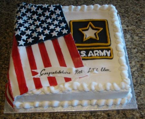 Army Retirement Cake - This is the cake I did for my husband's party for his retirement from the Army after 35 years of service.   WASC cake with raspberry filling and french vanilla buttercream.  The Army logo and flag are fondant.  I got the idea from a fellow CCer, but I can't remember who it was.  If you recognize your design, thanks!  TFL Sandra Army Retirement Cake, Wasc Cake Recipe, Military Retirement Parties, Army Cake, Army Retirement, Military Cake, Army Party, Retirement Cake, Promotion Party