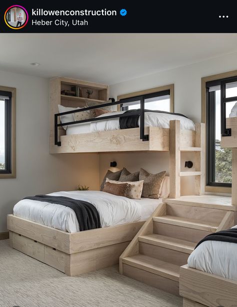 Built On Bunk Beds, Bunk Beds With Queen Underneath, Bunks Built In Wall, Bunk Room For Adults, Bunk Bed Designs For Adults, Built In Bunkbeds For Adults, Airbnb Bunk Room, Shared Room Ideas For Adults, Bunk Rooms For Adults