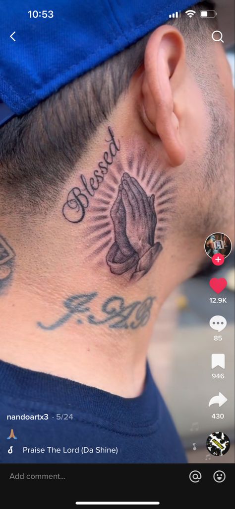 Heaven Sent Neck Tattoo, God Hand Tattoos For Men, Small Neck Tats Men, Small Hood Tattoos, Tattoo Behind The Ear Men, Small Men Neck Tattoos, Back Of The Ear Tattoos Men, Men Neck Tattoo Small, Blessed Tattoo For Men Neck