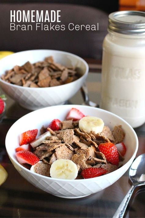 Homemade Bran Flakes Cereal! If you've never made your own cereal before, you have to make this recipe! It's easy, healthy and tastes amazing with chilly almond milk and fresh fruit. I feel good about feeding this to my kids in the mornings! #vegan #cerealrecipe #healthycerealrecipe #cerealrecipe Bran Flakes Cereal, Scones Healthy, Bran Flakes, Homemade Cereal, Easy Breakfasts, Bran Cereal, Healthy Cereal, Homemade Almond Milk, Processed Sugar