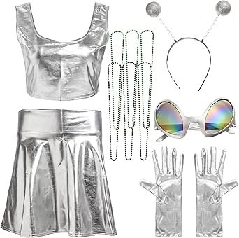 Alien Dance Costume, Space Theme Costume Women, Aesthetic Alien Costume, Metallic Halloween Costume, Alien Women Costume, Space Alien Costume Women, Alien Costume Cute, Silver Costume Ideas, Cute Alien Halloween Costume