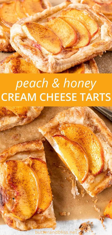 Cream Cheese Tarts, Peach And Cream, Peach Desserts, Cheese Tarts, Peach Recipe, Puff Pastry Recipes, 140 Pounds, Baking Sweets, Tart Recipes