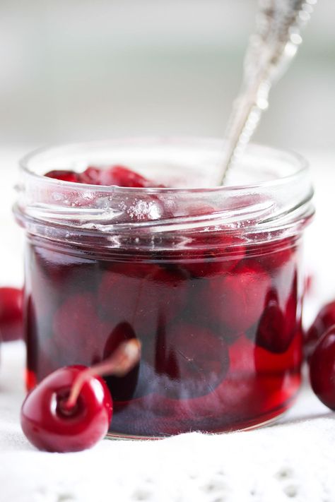 Preserving cherries in syrup is easy and it allows you to make the most of the short cherry season. #whereismyspoon #cherriesinsyrup #syrupcherries #sweetcherries #cherryrecipes #preservingcherries #cannedcherries Drunken Cherries Recipe, Cherry Amaretto, Food Justice, Cherry Preserves, Italian Cocktails, Cherry Cocktail, Cherry Season, Starbucks Pumpkin, Cocktail Garnish