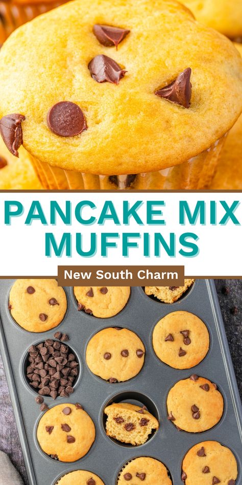 Chocolate Chip Pancake Mix Muffins are a fun and easy to make. Made from a packaged mix and a handful of ingredients with a sweet chocolate chips these muffins take 30 minutes to make and will be a hit with everyone! Pancake Mix Muffins Recipe, Chocolate Chip Pancake Muffins, Gluten Free Chocolate Chip Muffins, Best Pancake Mix, Pancake Mix Muffins, Chocolate Chip Pancake, Muffins With Chocolate Chips, Muffins With Chocolate, Mix Chocolate