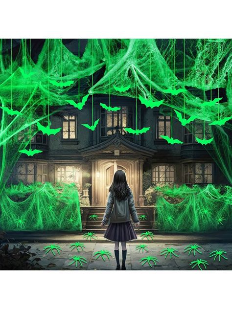 Halloween Glow In The Dark Spider Web Halloween Decorations  30pcs Fake Spiders And 16pcs Luminous Large Bat Decor For Halloween Eve DIY Window Home Wall Indoor OutdoorI discovered amazing products on SHEIN.com, come check them out! Outdoor Ghosts, Autumn Window Display, Spider Web Halloween Decorations, Bat Decor, Halloween Outdoor Decoration, Halloween Glow In The Dark, Flying Ghost, Fake Spider, Decor For Halloween