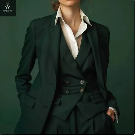 Three Piece Suit Women's, Dark Feminine Outfits, Green Suit Women, 3 Piece Suit Women, Wedding Suit Women, Dressy Pant Suits, Formal Suits For Women, Women Suits Wedding, Woman In Suit