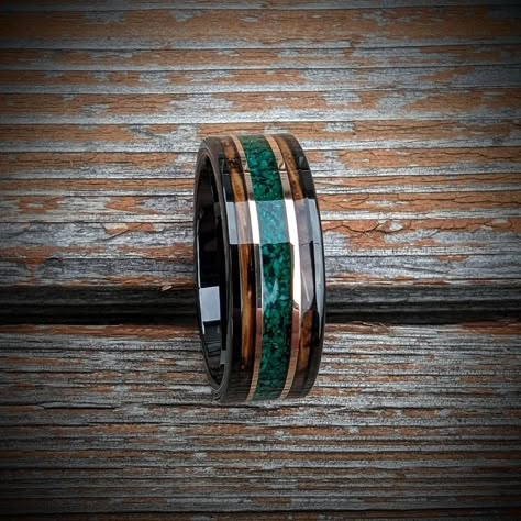 Malachite Ring With Burnt Whiskey Barrel Wood, Whiskey Barrel Wedding Ring, Whisky Barrel Band, Unique Wedding Band, Men's Wedding Band - Etsy Boo Ideas, Whiskey Barrel Wedding Ring, Whiskey Barrel Wedding, Meteorite Wedding Rings, Antler Wedding Rings, Barrel Wedding, Ring Engraving, Rings Opal, Ashes Ring