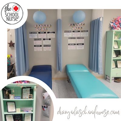 School Sick Room Ideas, School Nurse Bathroom, Nursing Classroom Ideas, Nursing School Classroom, Nurse Office School, School Nurse Office Organization Ideas, School Nurse Bulletin Board Ideas Middle School, School Nurse High School, Nurse Room Ideas