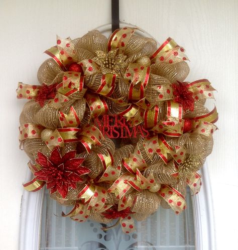 22" Burlap/Gold Deco Mesh Christmas Wreath with Red & Gold Glitter Poinsettias, Ornaments, Ribbons & Red Glitter Merry Christmas Sign Red And Gold Christmas Wreath Deco Mesh, Deco Mesh Christmas Wreath, Mesh Christmas Wreath, Making Mesh Wreaths, Ribbon Wreaths, Mesh Ribbon Wreaths, Wreaths Ideas, Wreath Project, Mesh Wreath Diy