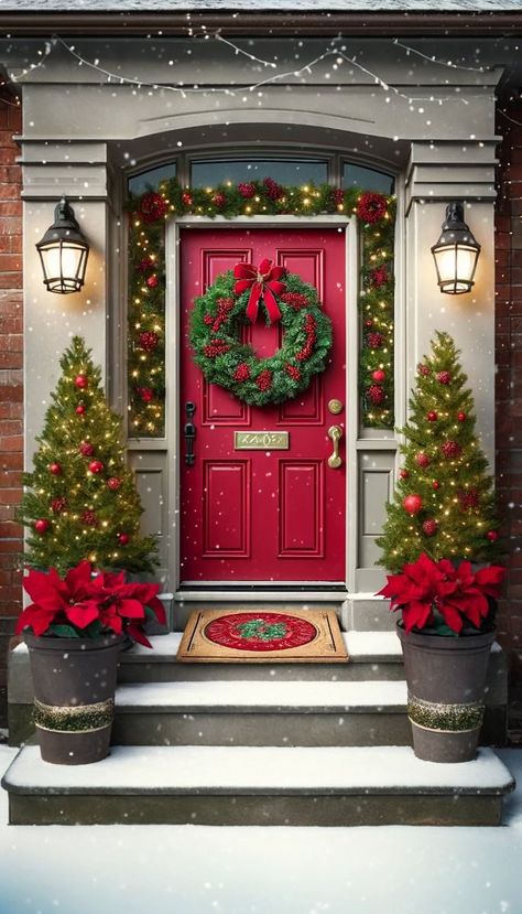 Check out these 21 front door decor ideas that are sure to wow your guests and boost your curb appeal instantly. --- A festive front door decorated for Christmas. The door is painted a vibrant red and adorned with a lush green wreath decorated with red berries and a gold bow. Flanking the door are small evergreen trees wrapped in twinkling fairy lights and set in rustic planters. The steps are lined with poinsettias and a welcoming doormat with a Christmas theme. Snow lightly dusts the scene, Front Door Christmas Decorations, Modern Christmas Decor, Christmas Front Doors, Christmas Porch Decor, Christmas Decorations Living Room, Green Wreath, Christmas Door Decorations, Christmas Porch, Evergreen Trees