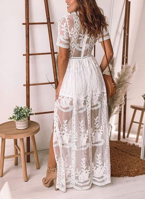 White Romper Dress, Lace Maxi Romper, White Lace Dress Boho, Side Split Maxi Dress, Womens Boho Dresses, White Lace Maxi Dress, White Lace Maxi, White Bridesmaid, Lace Summer Dresses