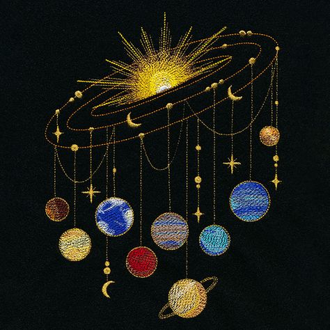 Solar System Mobile, Solar System Art, Planets And Moons, Planet Design, Celestial Art, Star Embroidery, The Planets, Embroidered Towels, Hand Embroidery Art