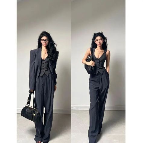 Insozkdg Blazer Pants Set Long Suit  V-neck Vest Casual  Coats Office Lady Outfits Three Pieces 26 Yr Old Outfit, Waistcoat Blazer Woman Outfit, Formal Waistcoat For Women, Pantsuit Outfit Aesthetic, Afro Victorian Fashion, Blazer Waistcoat Outfit, Pants And Waistcoat Women, Blazer Slacks Outfit, Women's Suits Prom