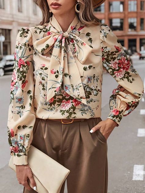 SHEIN Clasi Floral Print Tie Neck Puff Sleeve Blouse Floral Shirts Women, Floral Shirt Women, Joy Dress, Stylish Work Attire, Nyfw Street Style, Blouse Material, Puff Sleeve Blouse, Fabric Floral, Fall Winter Outfits