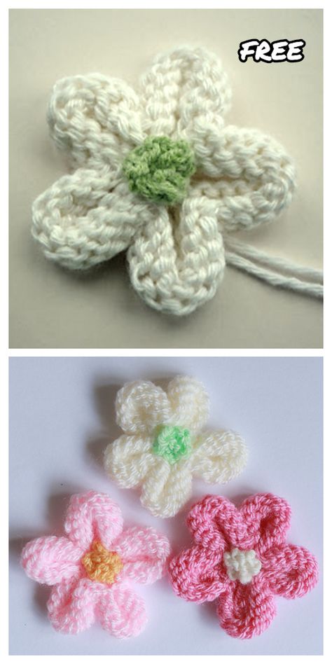 Knit 5-Petal Flower Free Knitting Patterns - Knitting Pattern How To Knit A Flower For A Hat, Free Knitting Flower Patterns, Knit A Flower Easy, Simple Knitted Flower Pattern, Knitted Daisy Flower, How To Knit A Flower Easy, How To Knit Flowers Easy, Knit Flowers Free Pattern Easy, Free Knitting Patterns For Flowers