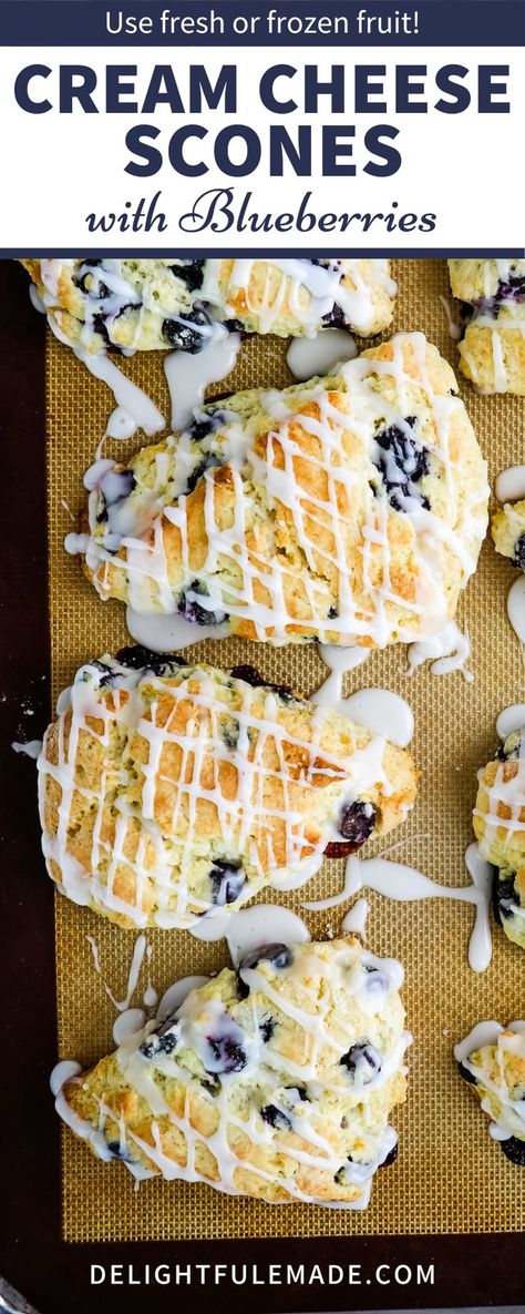 Do you love tender, flavorful scones with your morning coffee? If so, these Cream Cheese Scones with Blueberries! These cream cheese scones baked with fresh or frozen blueberries come out perfectly tender every time. The advantage of cream cheese scones is that you create an extra tender and flaky scone. Many scone recipes often render an unappealing hard, dry texture. Because this recipe incorporates both cream, butter and cream cheese, you get an ultra-tender, flaky scone every time! Cream Cheese Filled Scones, Scones With Cream Cheese, Summer Scones Recipe, Blueberry Scones With Frozen Blueberries, Strawberry Cream Cheese Scones, Scones Flavor Ideas, Oatmeal Scones Recipe, Cream Cheese Scones Recipe, Blueberry Scones Recipe Easy