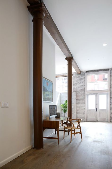 Loft Columns European Loft Apartment, Exposed Brick Loft Apartments, Open Loft Apartment, New York Loft Apartment Industrial, City Loft Apartment, New York Loft Apartment Industrial Exposed Brick, Nyc Loft Aesthetic Industrial, Exposed Brick Interior, Loft Style Living Room