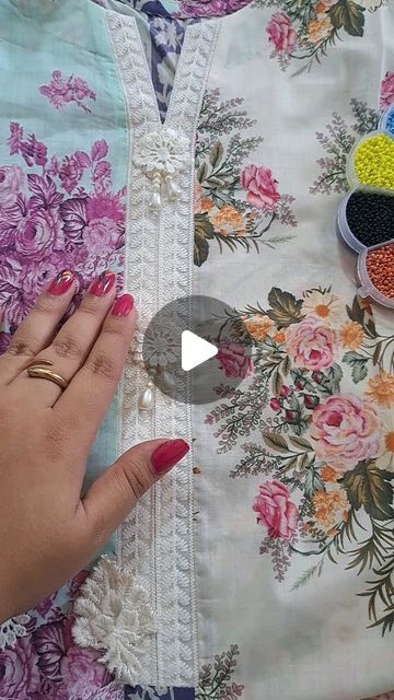 Faiza yasir on Instagram: "Simple and easy designing with pearls and lace flowers on lawn shirt by #faizayasir 
#fashion #lawn #diy" Pearls And Lace, Lawn Shirts, Pearl And Lace, Diy Shirt, Lace Flowers, Beaded Embroidery, Lawn, Embroidery, Beads