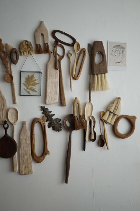 Hand-Carved Wooden Spoons, Brushes, and More by Sophie Sellu Hand Carved Wooden Spoons, Wooden Objects, Wood Spoon Carving, Hand Carved Spoon, Brooms And Brushes, Carved Spoons, London Artist, Wood Wax, Wood Carving Tools