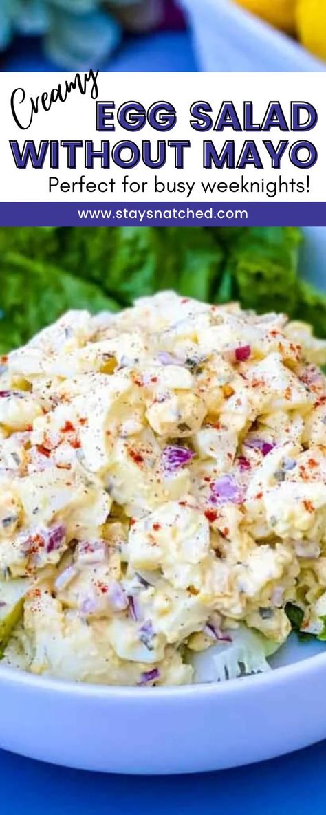 This Egg Salad Without Mayo is the perfect side dish for any spread. Use sour cream or greek yogurt for the perfect substitute. Feel free to toss in pickles or relish if you wish. This egg salad without mayo is perfect for busy weeknights with a nice bowl of soup or for a simple lunch on the go. Egg Salad Sandwich No Mayo, Egg Salad Recipe With Cream Cheese, Egg White Salad Sandwich, Egg Salad Recipe Without Mayo, Egg Salad With Sour Cream, Cream Cheese Egg Salad, My Special Egg Salad, Egg Salad With Cream Cheese, Baked Egg Salad