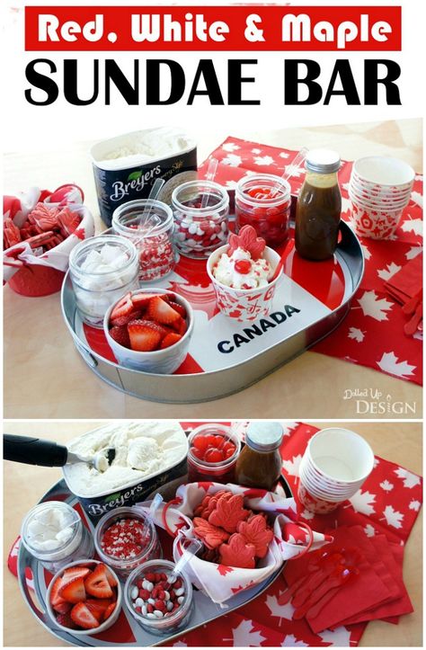 This Canada Day sundae bar has a fun Red, White and Maple theme perfect for celebrating Canada! Delicious ideas for toppings plus easy DIY decorating ideas. Canada Party, Camping Party Decorations, Glace Fruit, Canada Day Crafts, Maple Leaf Cookies, Canada Day Party, Ideas For Camping, Sundae Bar, Canada Holiday