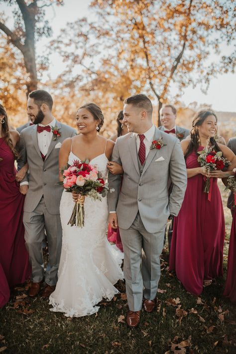 Burgundy And Grey Wedding, Grey Groomsmen, Maroon Bridesmaid, Maroon Bridesmaid Dresses, Groomsmen Ideas, Bridal Parties Colors, Wedding Groomsmen Attire, Groomsmen Grey, Grey Suits