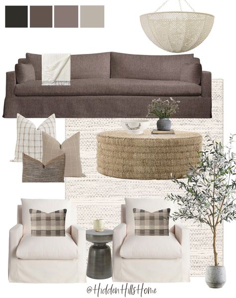 Brown Couch Mood Board, Mink Sofa Living Room, Brown Cream Living Room, Living Room Mood Board Colour Schemes, Taupe Living Room Colour Schemes, Taupe Sofa Living Room Ideas, Farmhouse Neutral Living Room, Living Room Inspiration Neutral, Taupe Sofa Living Room