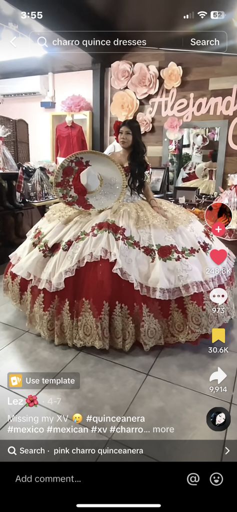 Red And Black Quinceanera Dresses Mexican, Maruchan Cart Quince, Ranchero Theme Quinceanera, Red Quince Photoshoot, Puerto Rican Quinceanera, Mexican Quince Dress, Red Theme Quinceanera Ideas, Red Charro Quinceanera Theme, Quince Charro Dresses