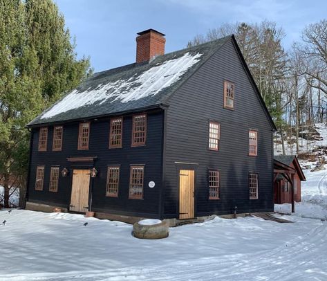 Gray Brick Exterior, Saltbox Houses Exterior, Dark House Exterior, Red Windows, Windows Black, Gray Brick, Colonial House Exteriors, Black Cabin, Black Cottage