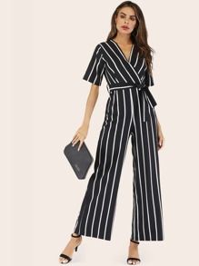 Surplice Striped Belted Jumpsuit 18.00 USD Belted Jumpsuit, Shein Style, Outfits Summer, Lingerie Sleepwear, Office Outfits, Pop Fashion, Black Pattern, World Of Fashion, Fashion News