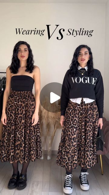 𝓕𝓮𝓭𝓮𝓻𝓲𝓬𝓪 𝓛𝓾𝓬𝓲𝓯𝓸𝓻𝓪 on Instagram: "Wearing Vs Styling 😮✨save this for inspo  for a look with Leopard skirt 🐆 What’s your favorite look? 1 or 2?  Look1 Skirt @sheinofficial 11587174 Top @sheinofficial 5833242 Shoes @stradivarius  Bag @prada   Look2 Shirt @zara 2157/056 Pullover @vogue (code FEDERICAL 15%discount ) Shoes @converse  Bag @chanelofficial   #ootd #ootdfashion #ootdinspiration #ootdshare #ootdstyle #outfitoftheday #outfits #outfit #reelsinstagram #outfitstyle #reels #style #styleblogger #explore #explorepage #amazing #wow #zara #shein #vogue #stradivarius" How To Style Leopard Skirt, Style Leopard Skirt, Styling Cheetah Skirt, Zara Skirt Outfit, Leopard Skirt With Sweater, Wearing Vs Styling, Cheetah Skirt With Graphic Tee, Stradivarius Outfit, Printed Maxi Skirt Outfit