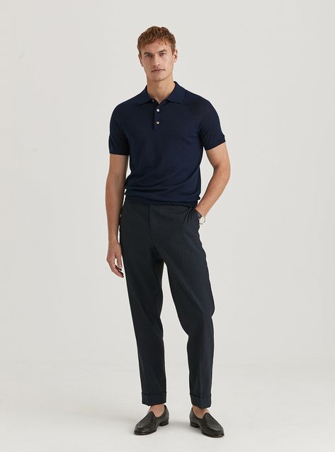 Achieve a polished yet effortless look with a monochromatic navy polo and dress pants combination, set off by chic black slipper loafers. Perfect for those who value a minimalist approach to sophisticated dressing. Slipper Loafers, Polo Outfit, Dress Pants Black, Navy Dress Pants, Casual Fridays, Black Slippers, Polo T Shirt, Black Loafers, Navy Dress