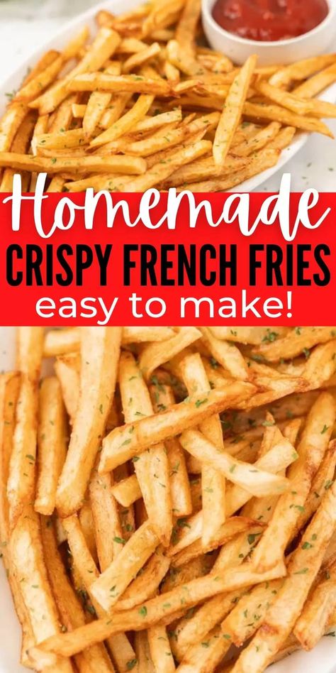 Easy Homemade Crispy French Fries is a quick, fresh recipe that are so easy to make with just a few ingredients. Homemade French fries are delicious and simple to make too! #eatingonadime #frenchfries #sidedishrecipes #friedrecipes Best French Fries Homemade Oven Baked, Frying French Fries In Oil, Homemade French Fries In Oil On Stove, Fried Chicken And French Fries, Fresh Fries Homemade, Penn Station Fries, Deep Fryer French Fries, Homemade Deep Fried French Fries, French Fries Fried In Oil