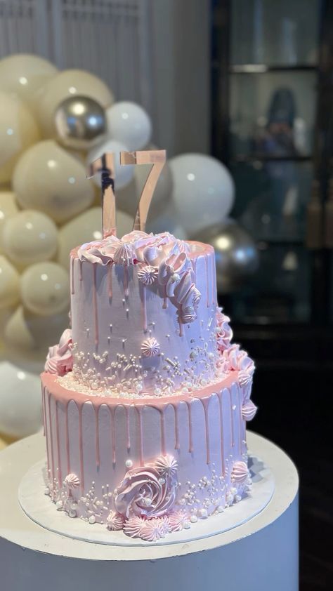 2 Layer Cake Design For Debut, Pink And Silver Cake Ideas, Pink Two Layer Birthday Cake, Cake Designs For 17th Birthday Girl, Pink Birthday Cake Two Tier, 2 Layer Pink Cake, 2 Tier Sweet 16 Birthday Cake Pink, Two Tier Cake For Girl, Two Tier 18th Birthday Cake