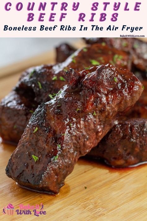 These tasty air fryer boneless country style beef ribs are the easiest way to get your hearty BBQ fix in no time at all! The ribs are seasoned and slathered in sweet BBQ sauce, then cooked right in your air fryer! These smoky, saucy, perfectly tender ribs are ready for any time of year! BakeItWithLove.com #bakeitwithlove #airfryer #boneless #countrystyle #beef #ribs #bbq Ribs Recipe Air Fryer, Beef Chuck Ribs Recipe, Chuck Ribs Recipe, Boneless Beef Ribs Recipe, Country Style Beef Ribs, Beef Country Style Ribs, Boneless Ribs Recipe, Ribs Air Fryer, Boneless Beef Ribs