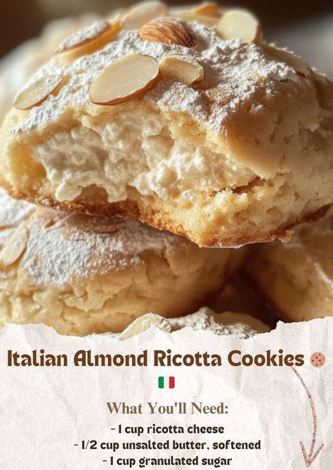 Almond Ricotta Cookies, Ricotta Almond Cookies, Ricotta Cookies Italian, Pistachio Ricotta Cookies, Ricotta Almond Pillows, Italian Almond Ricotta Cookies, All Recipes Ricotta Cookies, Italian Almond Ricotta Cake, Ricotta Dessert Recipes