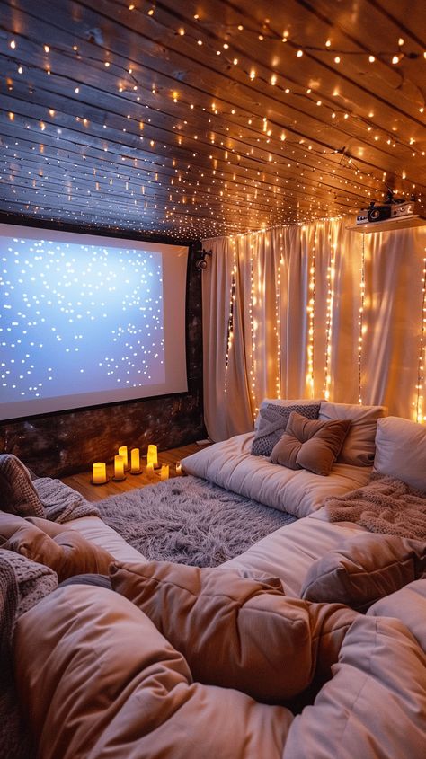 Small Room Movie Theater, Cute Lounge Room Ideas, Mom Space Room Ideas, Cute Hang Out Room, Cinema Room In House, Chill Out Room Ideas Cozy, Lively Room Ideas, Secret Cozy Room, House Theatre Room