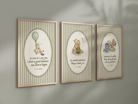 Set of 3 Classic Winnie-the-Pooh Nursery art prints, Gender Neutral Nursery, Winnie-the-Pooh inspirational quotes, new baby gift, boy nursery PLEASE READ FULL DESCRIPTION BEFORE PURCHASING Product description: * You will receive 3 vibrant, premium prints (5x7",8x10",11x14", OR 16x20"). PAPER STOCK: Our (8x10" and 11x14") art is printed on metallic pearl cardstock giving it a beautiful subtle shine! All 16x20" prints are printed on a premium, archival fine art stock (not metallic pearl due to siz Sage Green Winnie The Pooh Nursery, Antique Winnie The Pooh Nursery, Vintage Winnie The Pooh Printables, Old School Winnie The Pooh Nursery, Old Winnie The Pooh Nursery, Simple Winnie The Pooh Nursery, Winnie The Pooh Nursery Boy, Neutral Disney Nursery, Neutral Winnie The Pooh Nursery