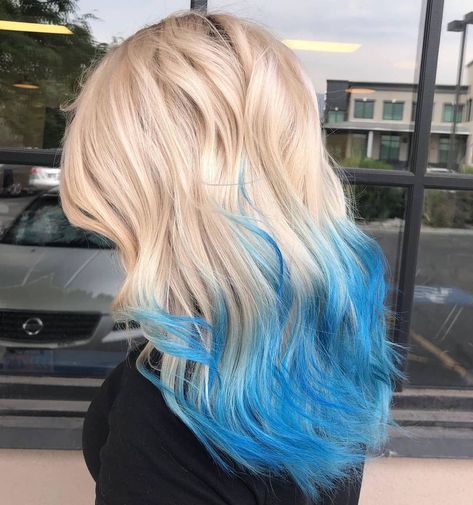 Blue Hair With Purple Streaks, Blue Tips On Blonde Hair, Blonde To Blue Ombre Hair, Blue Hair Tips Blonde, Blue Tips Hair Blonde, Blue Dip Dye Hair Blonde, Blonde With Blue Tips, Blue Hair Highlights Blonde, Blonde And Blue Hair Ombre