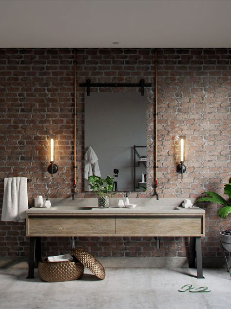 Industrial Vanity on Behance Industrial Bathroom Decor, Industrial Bathroom Design, Industrial Style Bathroom, Herringbone Backsplash, Vintage Industrial Decor, Bad Inspiration, Industrial Bathroom, Industrial Interior Design, Industrial Interiors