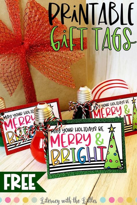 Use these free holiday gift tags to spread some cheer this season!  This "Merry and Bright" theme adds a cheerful touch to all of your Christmas gifts.  Great for all of your holiday wrapping needs.    Neighbor gifts, student gifts, family gifts, free printable, free gift tags, free Christmas tags, holiday gift wrap, merry & bright, easy gift ideas, Christmas gifts, inexpensive gift ideas, fun gift ideas Free Holiday Gift Tags, Free Christmas Tags, Free Christmas Tags Printable, Student Gift Tags, Free Printable Christmas Gift Tags, Christmas Gift Tags Free, Holiday Gift Tags Printable, Students Christmas, Merry Christmas Gift Tags