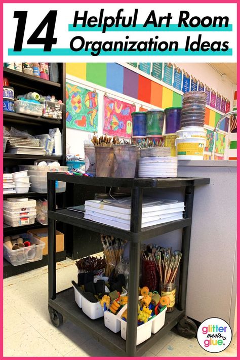 Need art room organization ideas for your elementary or middle school studio? Setting up an art room is lots of work. From planning your layout to figuring out art supply organization, it's essential to have a well-organized space that fosters creativity and maximizes efficiency. Click over to see how I store art projects, materials, and posters, use rolling carts, and capitolize off of vertical space. | Glitter Meets Glue Art Room Organization Ideas, Middle School Art Room, Art Room Organization, School Art Room, Room Organization Ideas, Art Teachers, Middle School Art, School Art, Room Organization