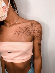 From Shoulder Tattoo, Flower Over Shoulder Tattoo, Sholder Tattoo Girl, Fineline Sleeve Tattoos For Women, Women’s Shoulder Tattoos, Shoulder And Arm Tattoos For Women, Fineline Shoulder Tattoo, Women Arm Sleeve Tattoo Ideas, Arm And Shoulder Tattoo