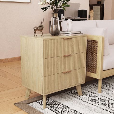 PRICES MAY VARY. 【Mid-century Modern 3 Drawer Dresser】Made of MDF wood, various decoration styles are compatible with this modern style storage dresser & nightstand. Light wood frame and antique gold hardware blend perfectly with detail-rich fluted design. This clean-lined accent table is a striking choice for any transitional or contemporary room. 【Enough Storage Cabinet】The 3 drawer dresser which provide ample space for your daily storage. Large storage space design, it can accommodate toys, d Dresser 3 Drawer, Living Room Closet, Nightstand With Drawers, Closet Nursery, Tall Nightstand, Dresser Nightstand, Tall Nightstands, Storage Dresser, Nightstand Light