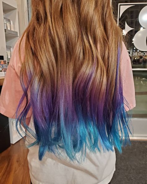 Colored Hair Tips Purple, Blue And Purple Tips Hair, Pink And Blue Tips Hair, Kids With Colored Hair, Hair Colored Tips, Blue And Purple Hair Highlights, Kids Highlights Hair, Kids Hair Color Ideas Girls Fun, Colored Ends Of Hair