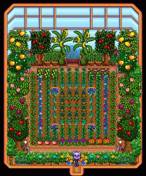 Stardew Greenhouse Trees, River Land Farm Stardew, Stardew Design, Stardew Valley Greenhouse, Stardew Ideas, Stardew Farm, Stardew Farms, Stardew Valley Layout, Stardew Valley Tips