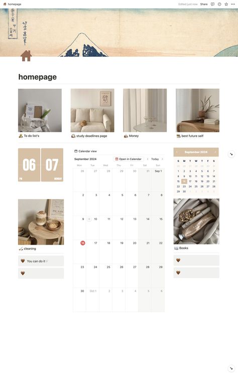 Notion homepage, notion personal dashboard, notion template, easy to use notion template, notion idea, notion simple homepage, beige themed notion page, light brown theme notion page Notion Template Ideas Personal, Notion Personal Dashboard, Notion Simple, Notion Pages, Notion Library, Personal Dashboard, Notion Ideas, Brown Theme, Template Notion