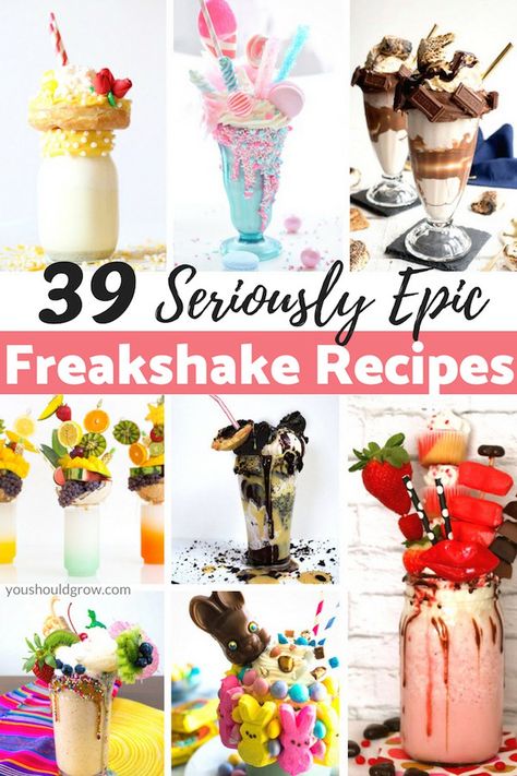 Over The Top Milkshakes Recipe, Loaded Milkshake Ideas, Over The Top Milkshakes, Fancy Milkshakes Diy, Milkshake Flavor Ideas, Milkshake Bar Ideas, Unique Milkshakes, Loaded Milkshake, Fancy Shakes