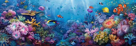 Colorful fish swim among vibrant corals in an underwater scene captured in a painting. Generative AI stock image Underwater Background Landscape, Ocean Background Underwater, Underwater And Above Water Painting, Coral Reef Illustration Underwater, Vibrant Coral Reef, Vector Poster, Underwater Scene, Fish Swimming, Colorful Fish