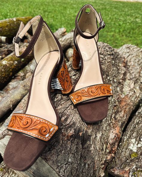 Order your custom heels on the website or Etsy! #western #leather #heels #leatherworkingtools #leatherwork #tooled #tooledleather #leatherheels #leathertooling #wedding #weddingday Tooled Leather Wedding Shoes, Tooled Leather Wedding, Tooled Heels, Tooled Leather Shoes, Leather Wedding Shoes, Custom Heels, Leatherworking Tools, Leather Wedding, Western Leather